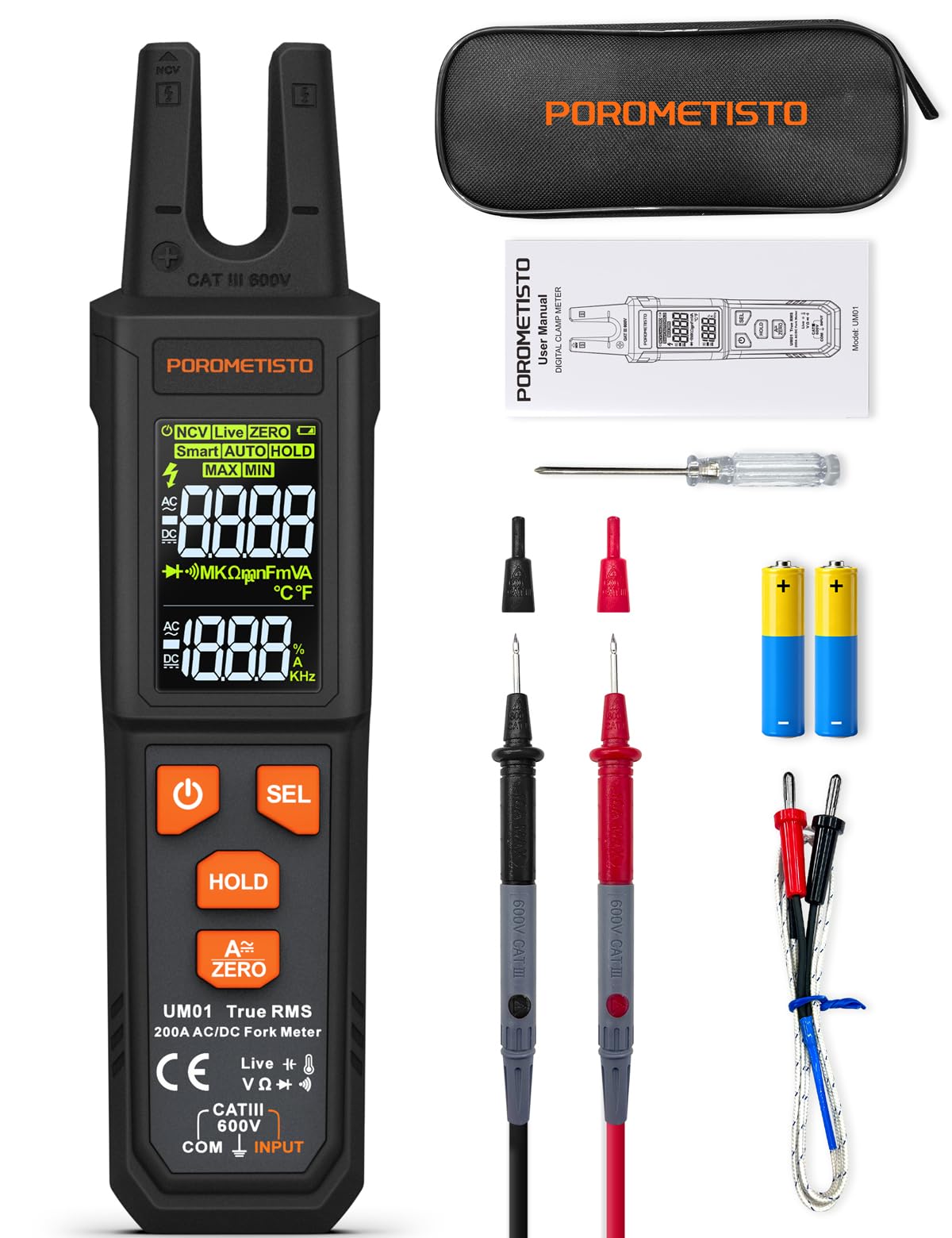 Pinza Amperometrica Professionale UM01 Morso a U POROMETISTO 4000 TRMS | Milliampere Multimetro Digitale Autorange, Auto-ID AC/DC, NCV, Live, Resistenza, Capacità, Temperatura, 1000V Tester