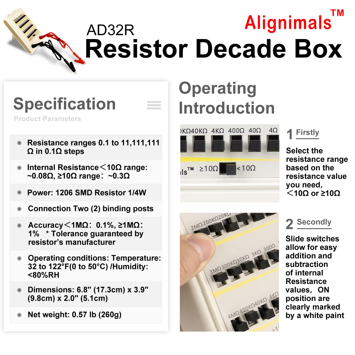 AD32R V1.2 Resistor Decade Box,1Ω to 11MΩ,1% Accuracy, 8 Decades Resistance Range.