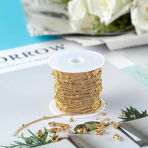 Miniatura 5 de Cadena dorada de 16.4 pies de acero inoxidable con cuentas trenzadas, cadenas a granel con anillos de salto, cierres de langosta para hacer joyas,