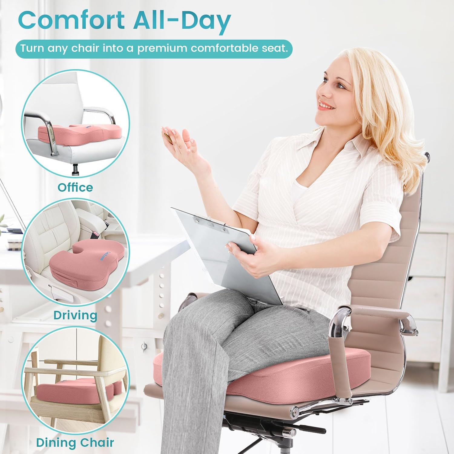 Office Chair Seat Cushion, Cooling Gel Enhanced Memory Foam Cushion for Long Sitting - Back, Sciatica, Coccyx, Tailbone Pain Relief Pillow - for Office, Gaming, Car, Wheelchair - Pink, X-Large