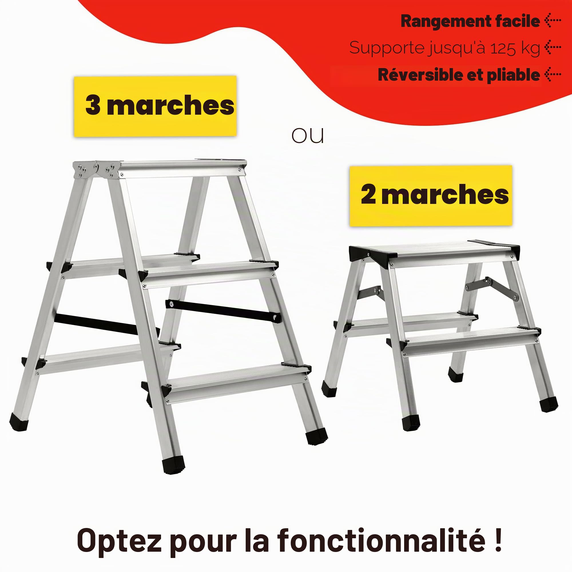 KADAX Escabeau en Aluminium avec Marches Antidérapantes et Conception Pliable pour Un Stockage et Un Transport Faciles, Échelle Légère (2 Marches)