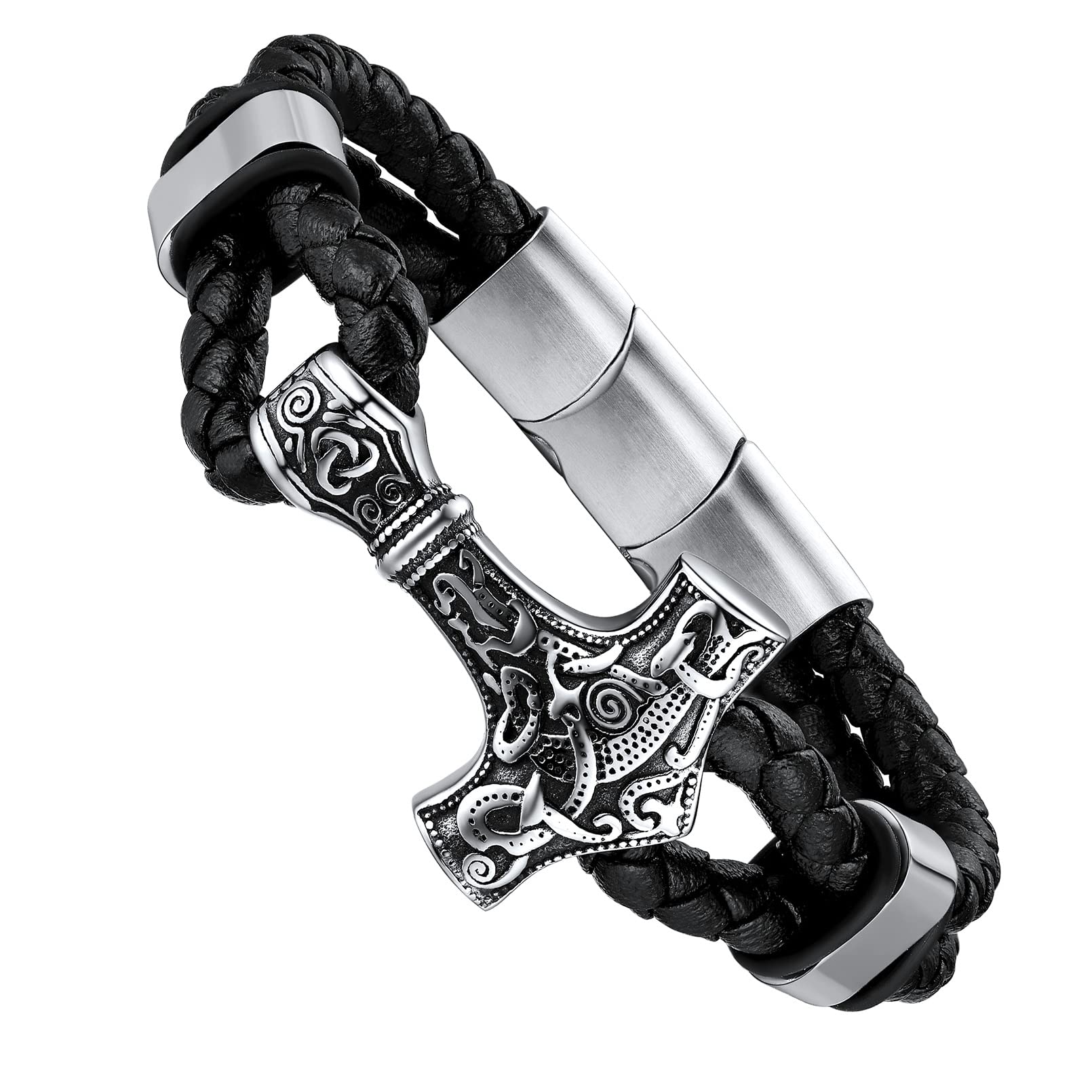 FaithHeartViking Cuff Bracelet for Men Women, Stainless Steel Rune/Thor's Hammer/Wolf/Celtic Knot Bangles Personalized Customizable