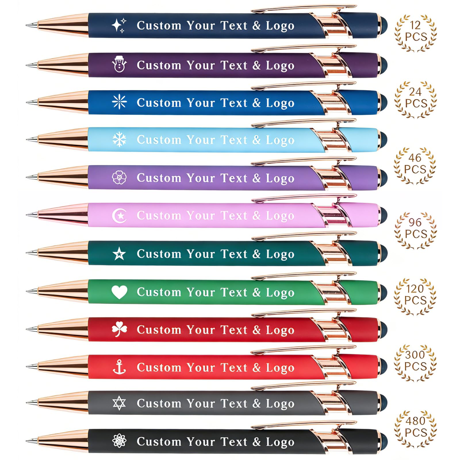 SHIBASHAN Up to 480 Pcs Personalized Pens in Bulk, Custom Metallic Printed Name with Black Ink, Customized Pens Bulk with Stylus-Great Gift Ideas(Rose Gold) — image 1