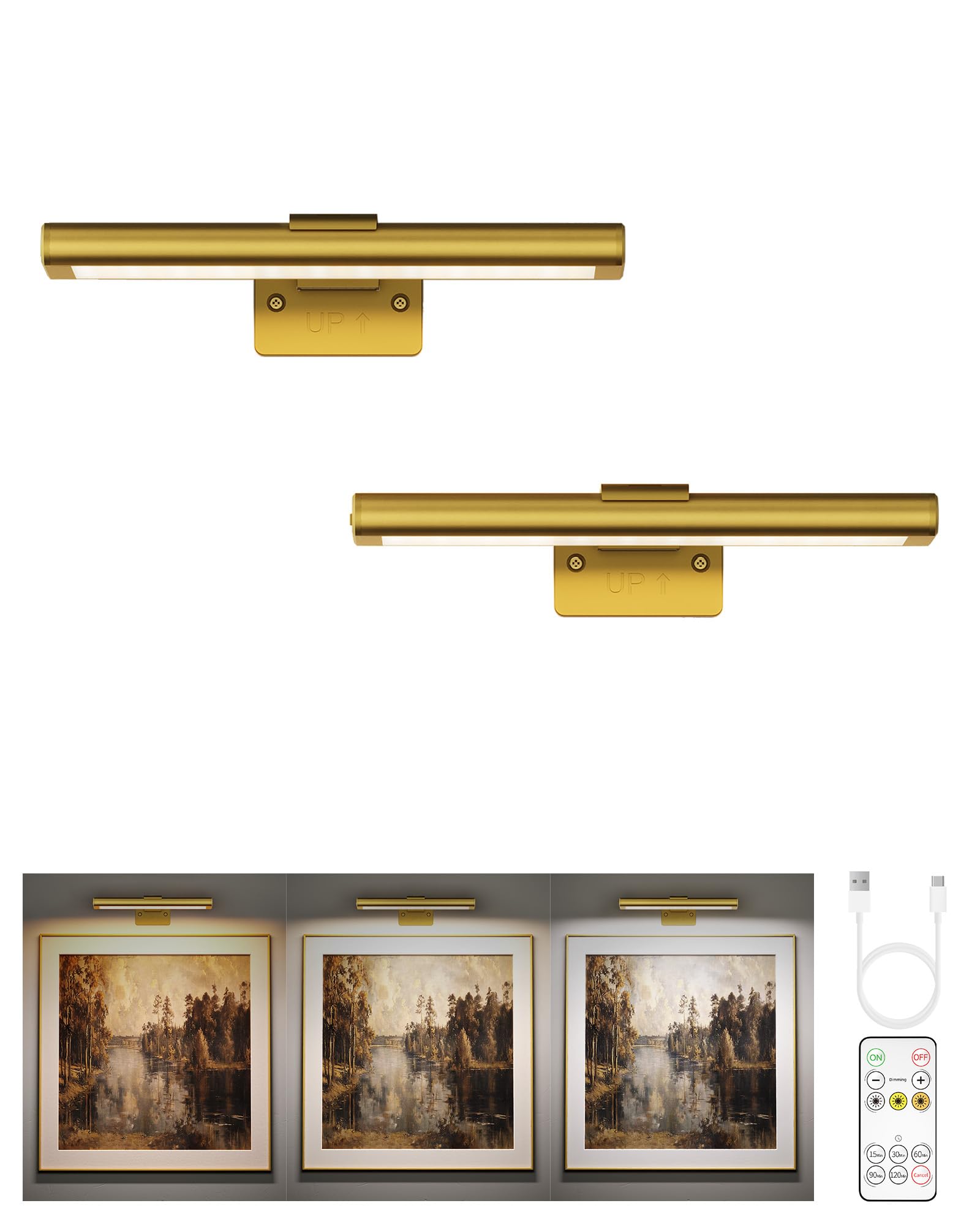 EZVALO Iluminación de Imagen Inalámbrica, Lámpara de Pared Inalámbrica para Interiores, Luces LED con Batería para Espejo de Baño, Cuadros, Pinturas y Fotos (2 Piezas, Oro)