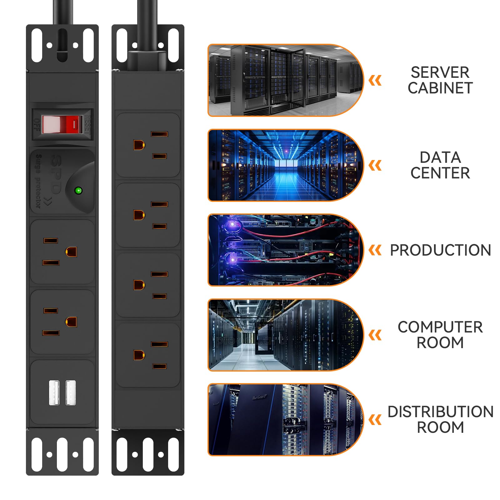 PDU rack 10 pouces, 1U 6 sorties (2 pouces avant, 4 pouces arrière), protection contre les surtensions 1020J et interrupteur de surcharge 15A et 2 USB-A, bandes d'alimentation