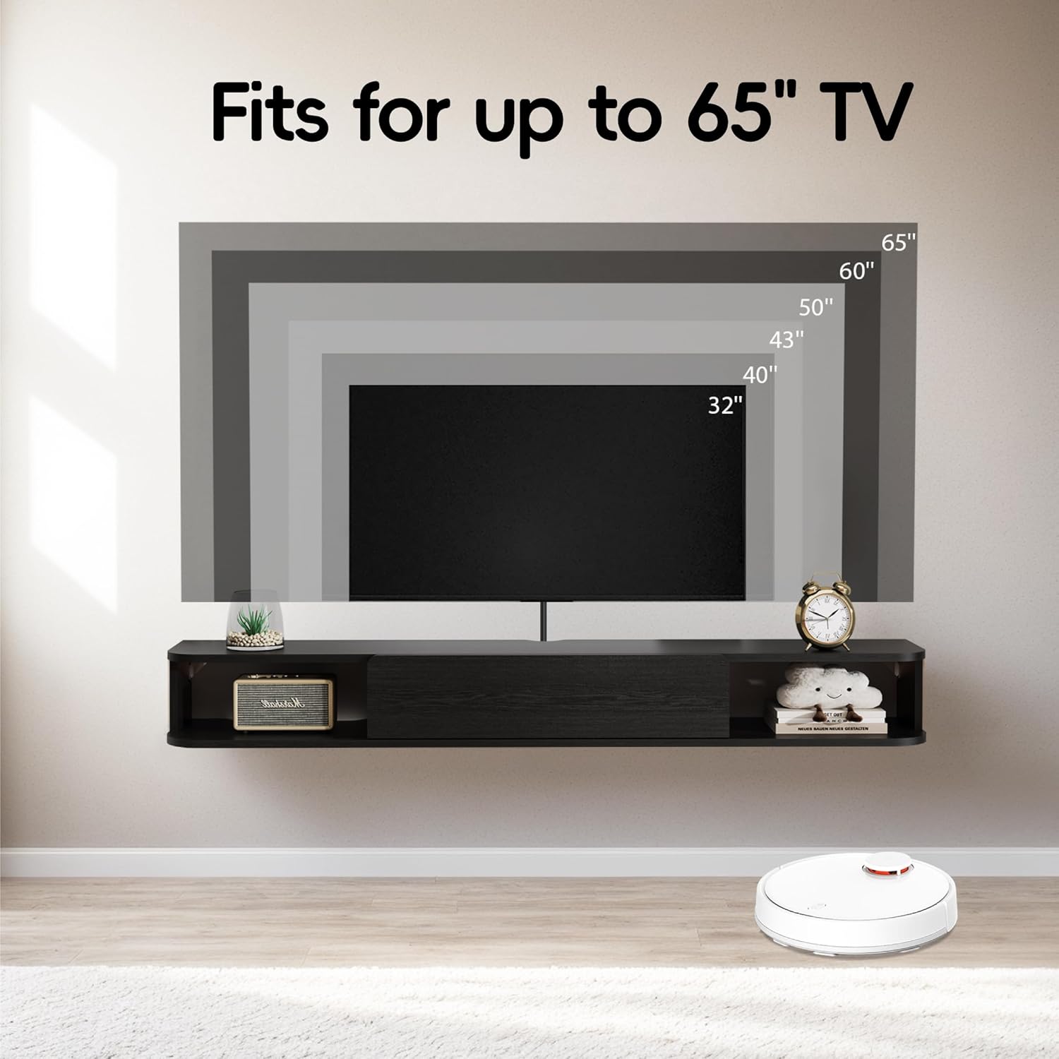 Pmnianhua Floating TV Stand with Drawer,59'' Wall-Mounted TV Cabinet,Floating TV Console,Under TV Entertainment Shelf with Storage for Bedroom Living Room(Black)