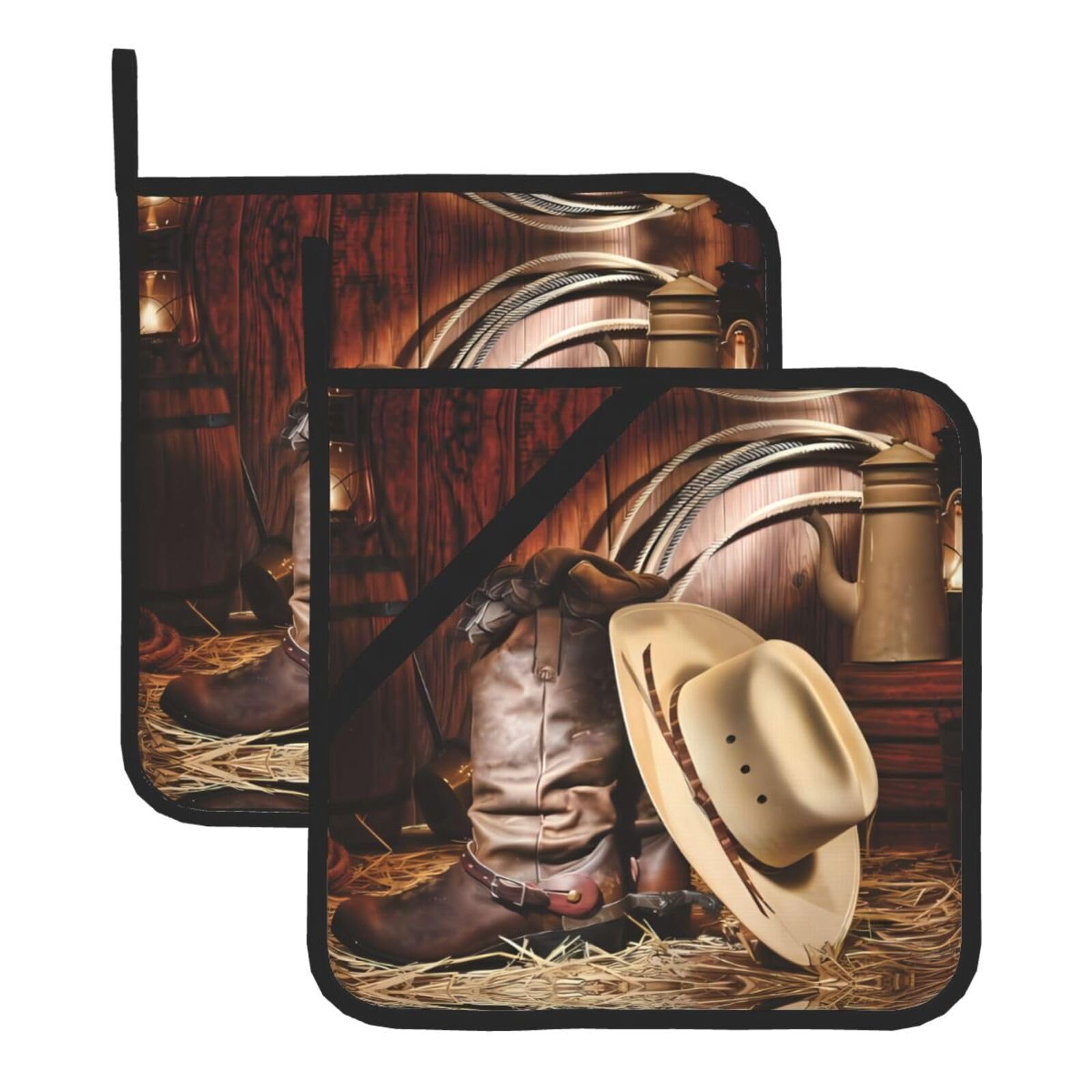 HJFCZH Cowboy Black Hat Western Boots Prints Square Hot Pads for Kitchen Counter - Waterproof Pot Holders, Durable Heat Resistant Throw Layers for Serving, Oven & BBQ - 2 Pack