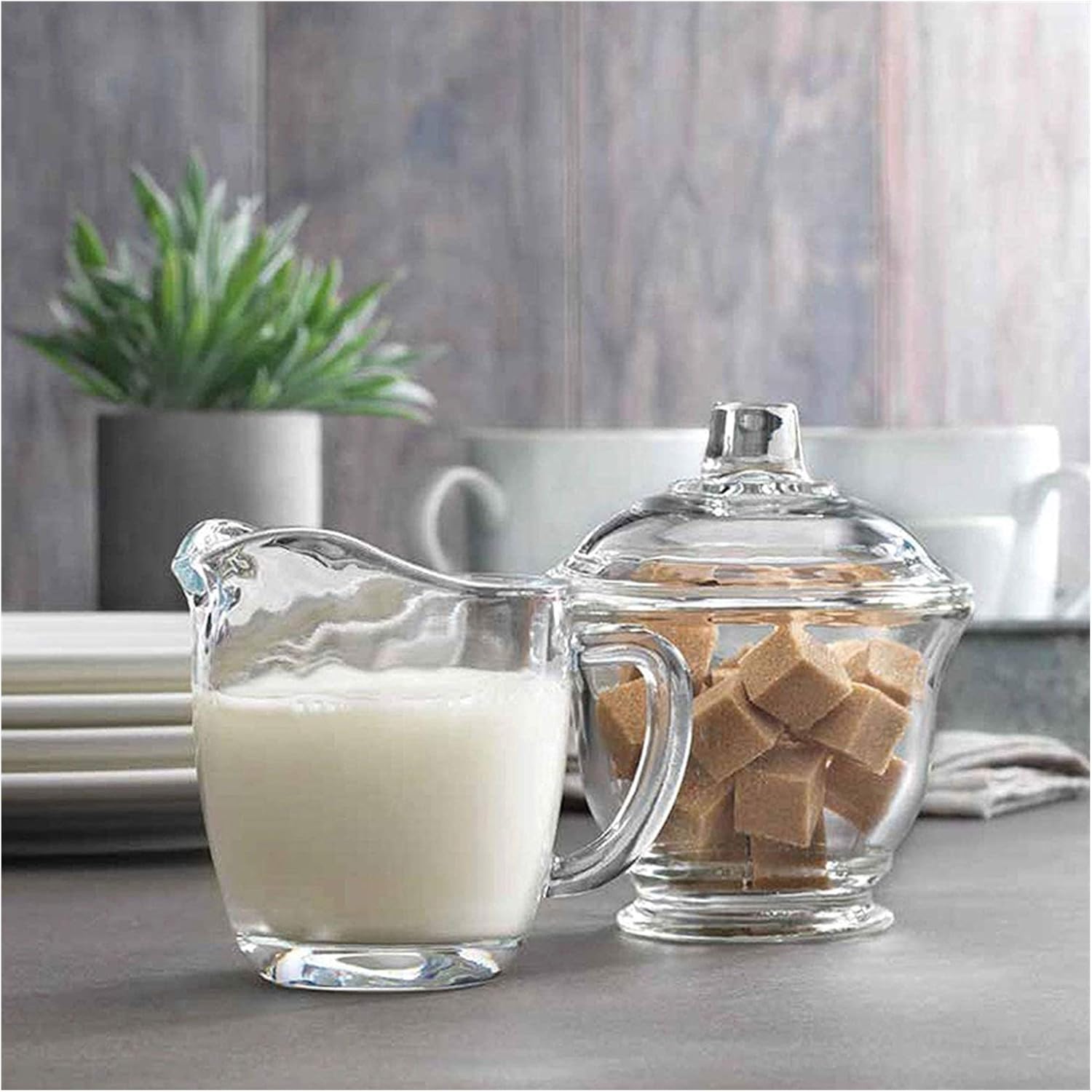 Saucer Glass Sugar and Creamer Coffee Set Kit Transparent Glass Sugar Bowl with Lid Milk Pitcher 170ml/5.7oz Cream Jug with Handle Dish