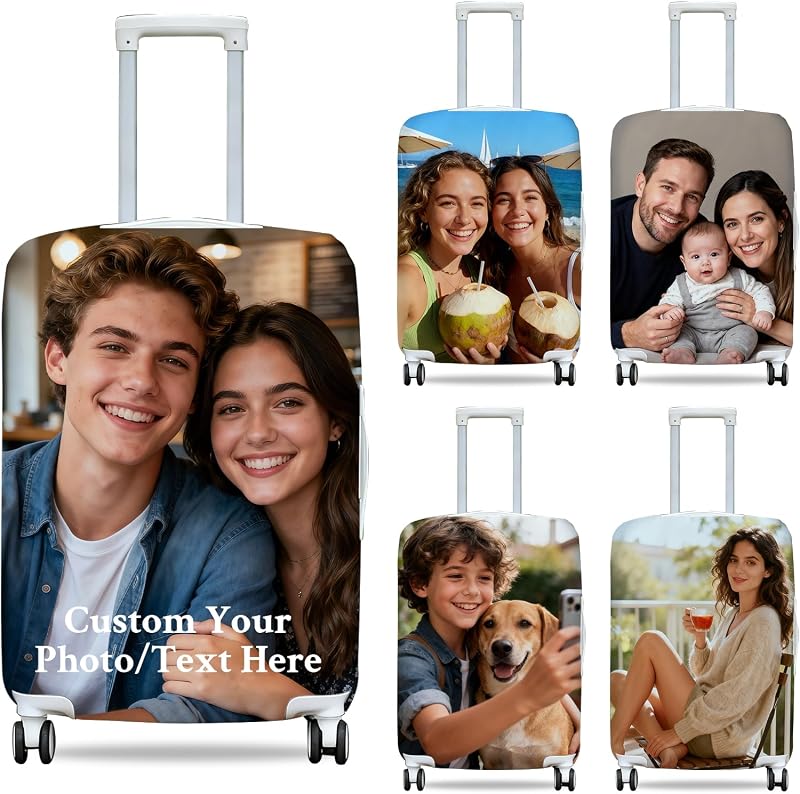 Custom Luggage Cover - Personalized Photo Suitcase Protector Add Your Photo, Name & Text, Double-Sided Design, Elastic & Washable Travel Baggage Protector Cover