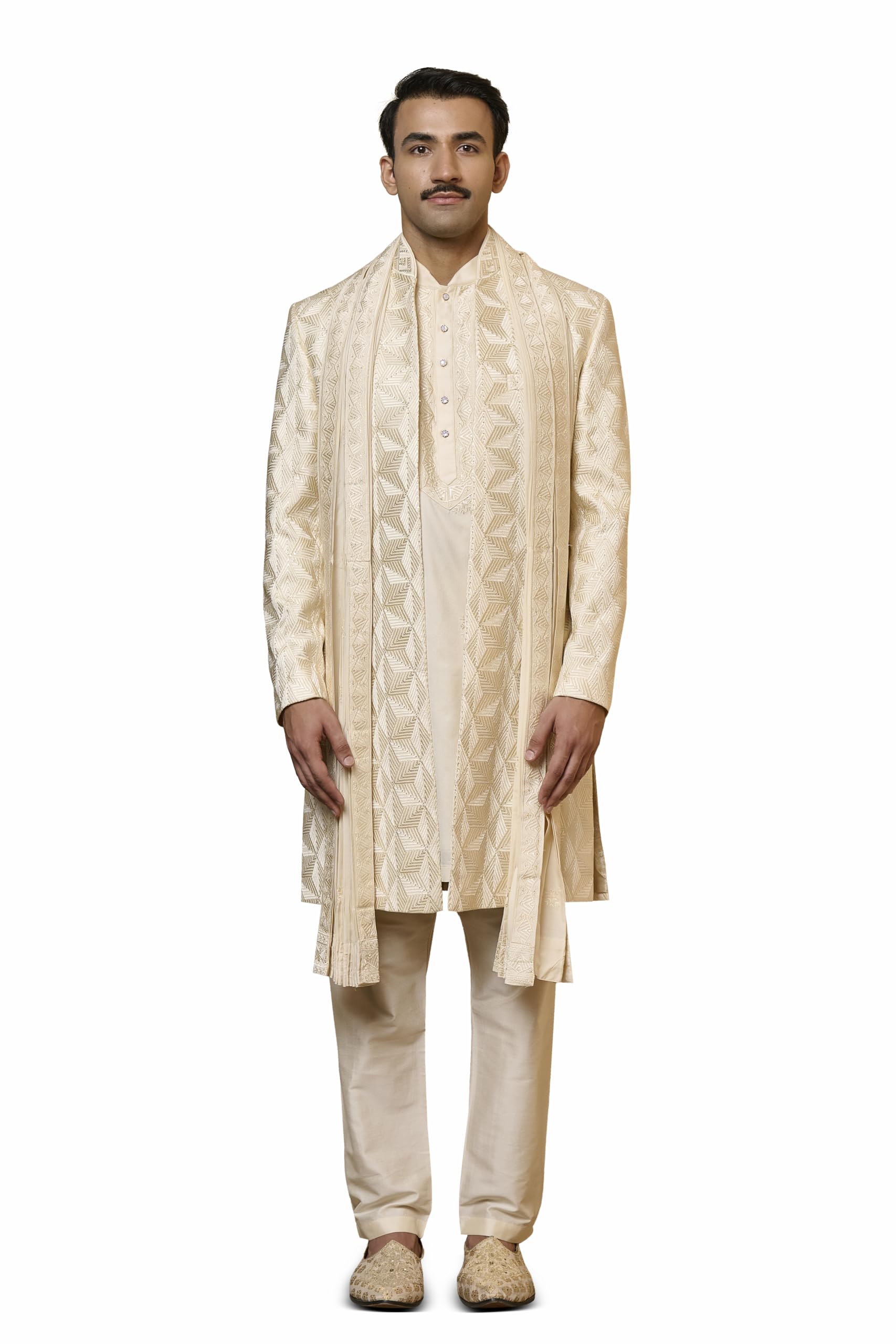 tasva Ivory Dori And Zardozi Self Textured Sherwani-picture-22