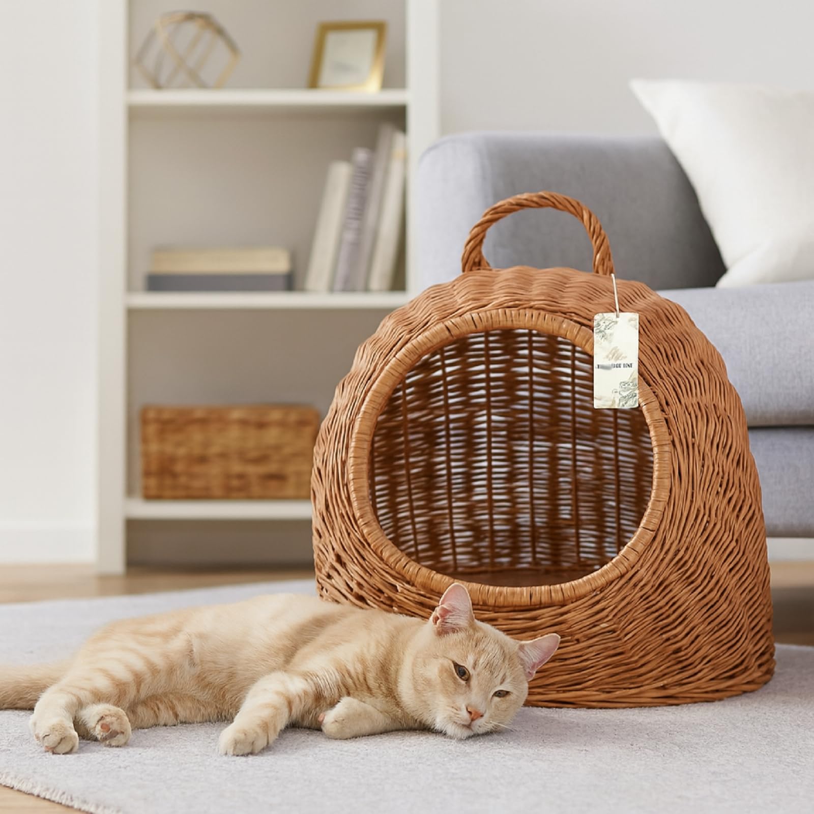QLS Cesta vimini per cane/gatto 40 x 34 x 35 cm con manico | Rifugio naturale per gatti e cani piccoli, intrecciato a mano in vimini con pratica maniglia