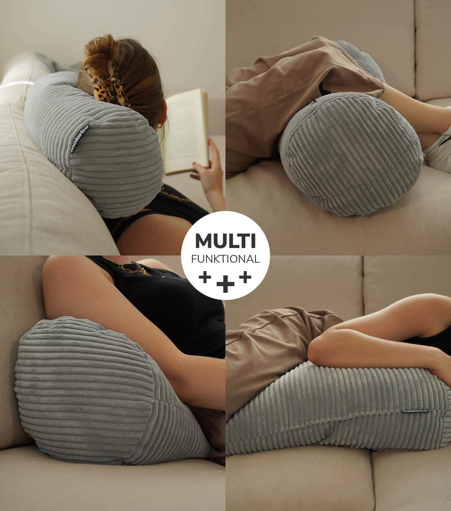 mokebo XXL Nackenrolle mit Cordbezug 'Der Powernap', gemütliche Kissenrolle, Zierkissen oder Dekokissen, auch als Stillkissen, Seitenschläferkissen oder Knierolle in Grau, 25x25x70 (B/H/T in cm)