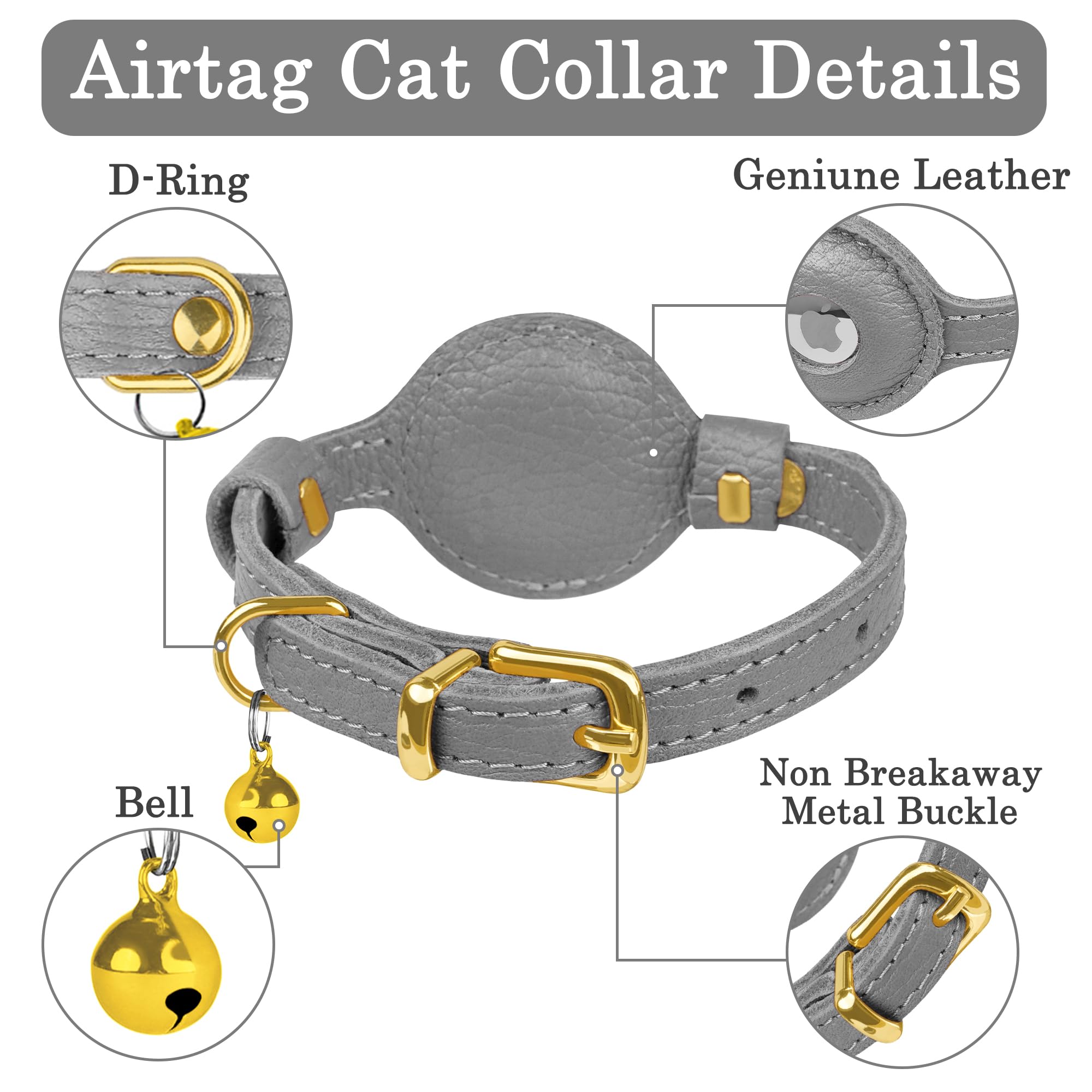 OOPSDOGGY Cat Collar with Bell for AirTag, Non Breakaway Leather Kitten Collar with Apple Air Tag Holder - Image 3