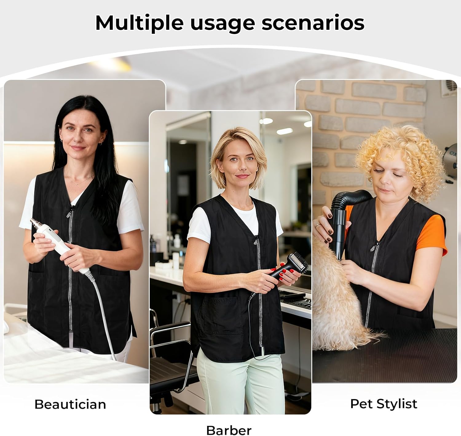 Glitz Rhinestone Closure Stylist Vest, V-Neckline Baber Smock, Washable Hairdresser Apron Uniform for Unisex with 2 Lower Pockets, Zip Up Vest Sleeveless Outerwear, Stain & Hair Against Salon Jacket - Image 5