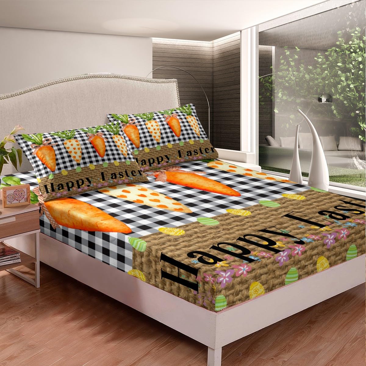 Happy Easter Bed Sheets King Size,Cartoon Carrot Eggs Bedding Set,Black White Grid Patchwork Brown Fitted Sheet for Kids Girls Boys Women Room Decor,Cartoon Carrot Deep Pocket Sheet 4Pcs