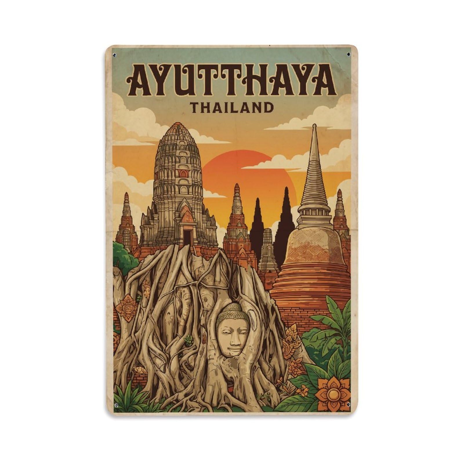 Vintage Thailand Ayutthaya Travel Metal Tin Sign Plaque Wall Decor for Cafe, Club Bar, Office, Garden Metal Poster 8x12Inch