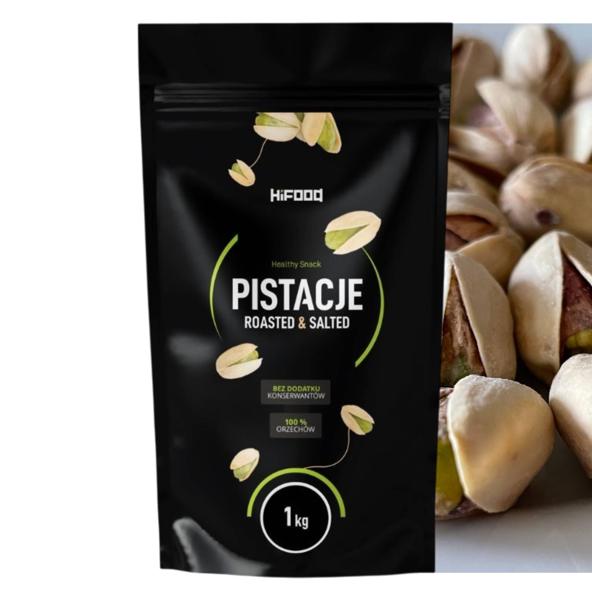 HiFood Pistacje prażone i solone, w łupinach 1 kg, duże opakowanie, chrupiące, idealne na aperitif i jako przekąska, naturalne źródło żelaza