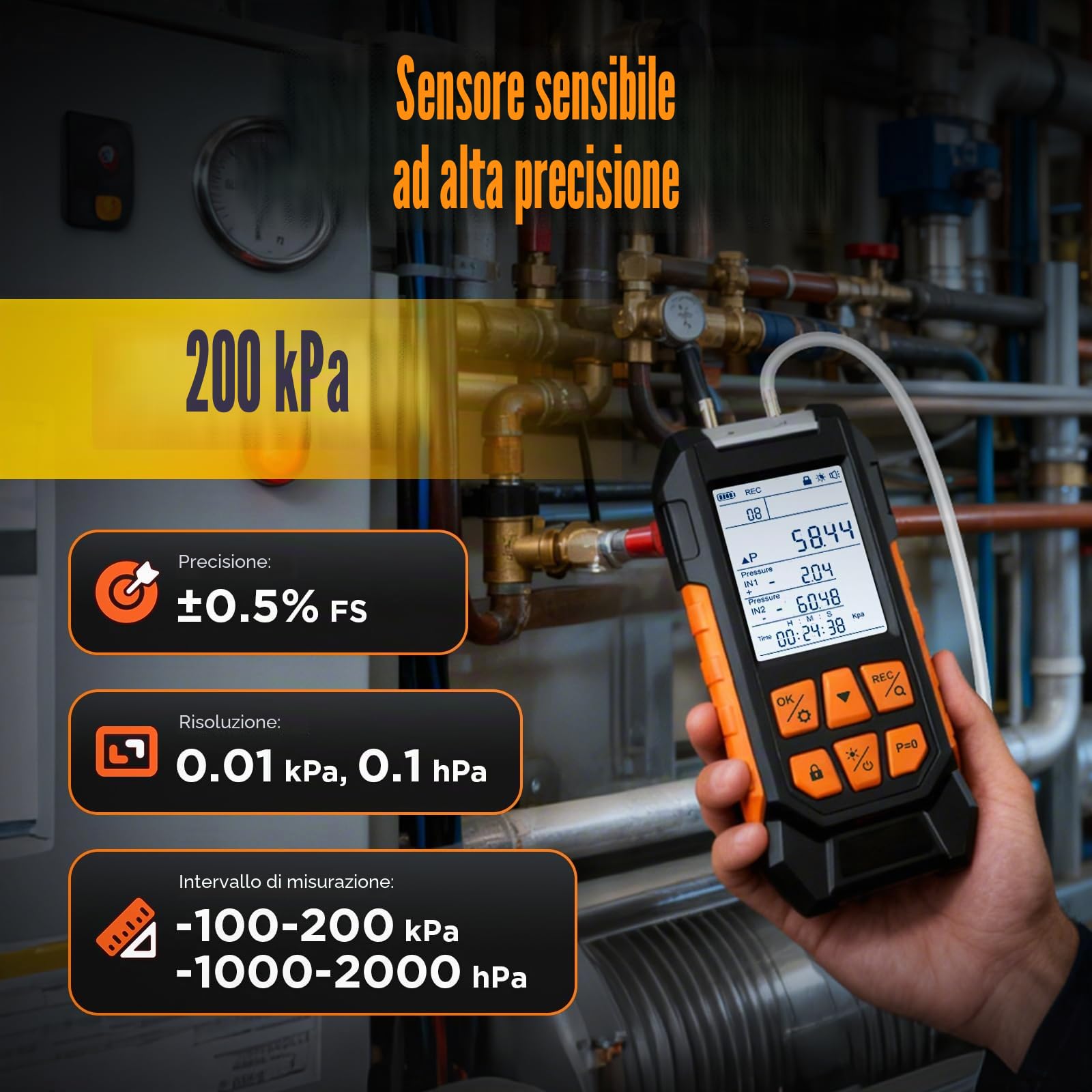 Manometro Digitale, Manometro Differenziale Professionale Intervallo di Misurazione 100-200 Kpa, Tester di Pressione Aria/Gas, Manometro HVAC a Doppia Porta, 10 Unità, Precisione ± 0,3% FS