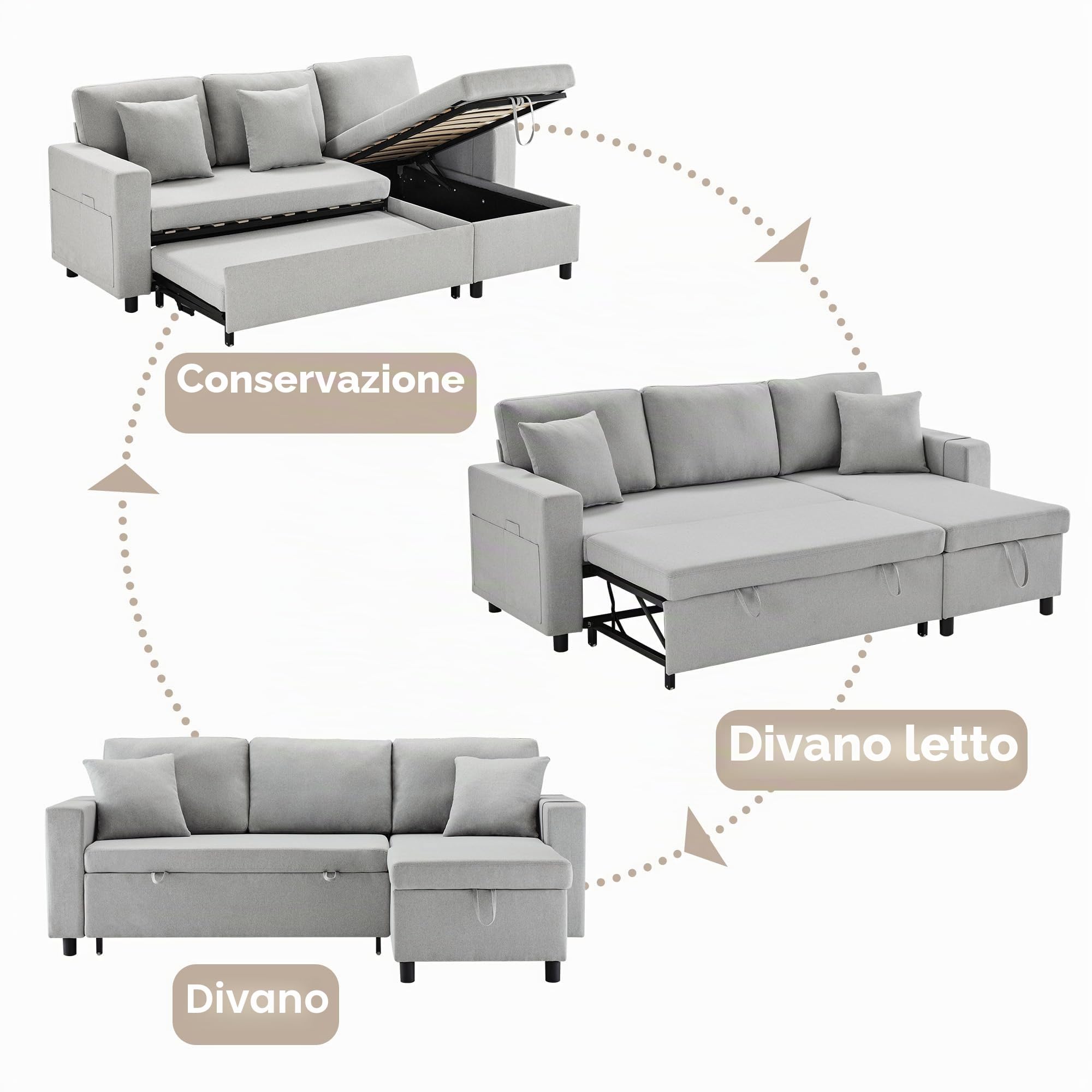 Divano Letto 3 Posti con Penisola, Divano Angolare 3 Posti Forma di L, Letto Matrimoniale con Materasso, Divan con Braccioli e Vano Portaoggetti, Sinistra e Destra Intercambiabile
