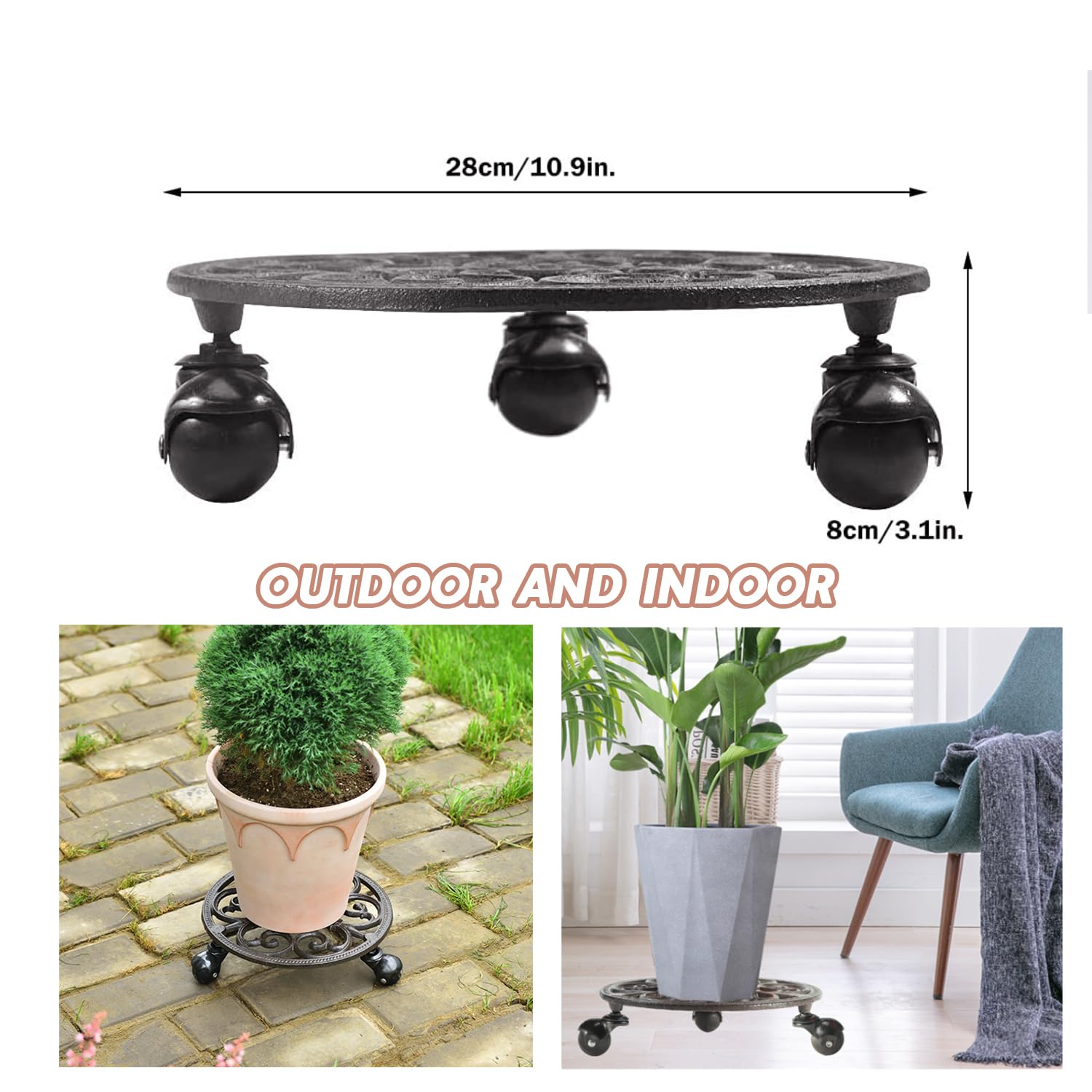JEUIHAU Confezione Da 4 Supporti Rotondi Per Vasi In Ghisa, Diametro 22,9 Cm, Altezza 11,9 Cm, Nero, Portata 25 Kg, Per Interno/esterno
