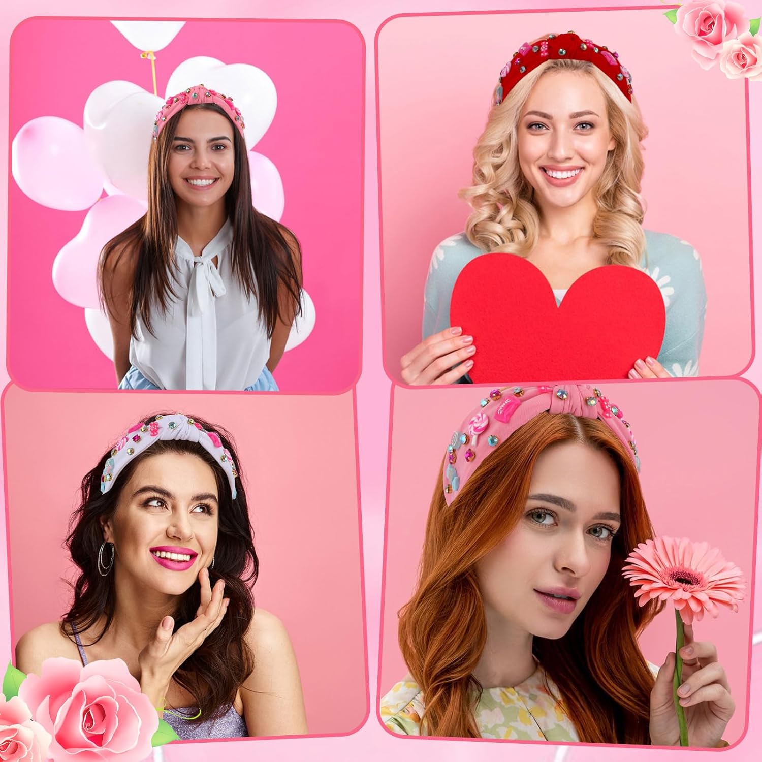 Valentine's Day Knotted Headbands 3 Pack - Pink White Red Candy & Rhinestone Hair Accessories for Women Girls, Perfect for Parties & Date Nights - Image 6