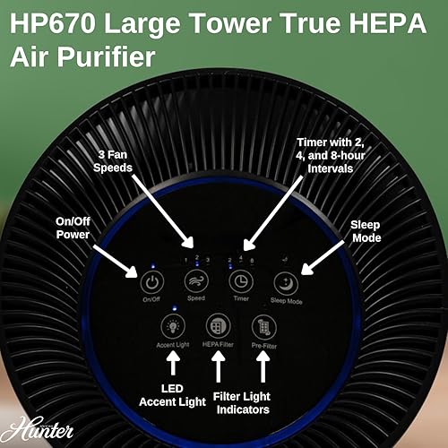 Miniatura 4 de Hunter Fan Company HP670 True HEPA - Purificador de aire para alergias, elimina el polvo, el humo, el moho y el polen, cubre hasta 195 pies
