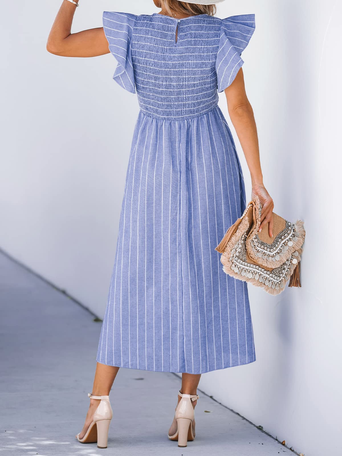 CUPSHE Abito estivo da donna con scollo quadrato a righe e punto smock, con maniche ad aletta, maxi abito formale