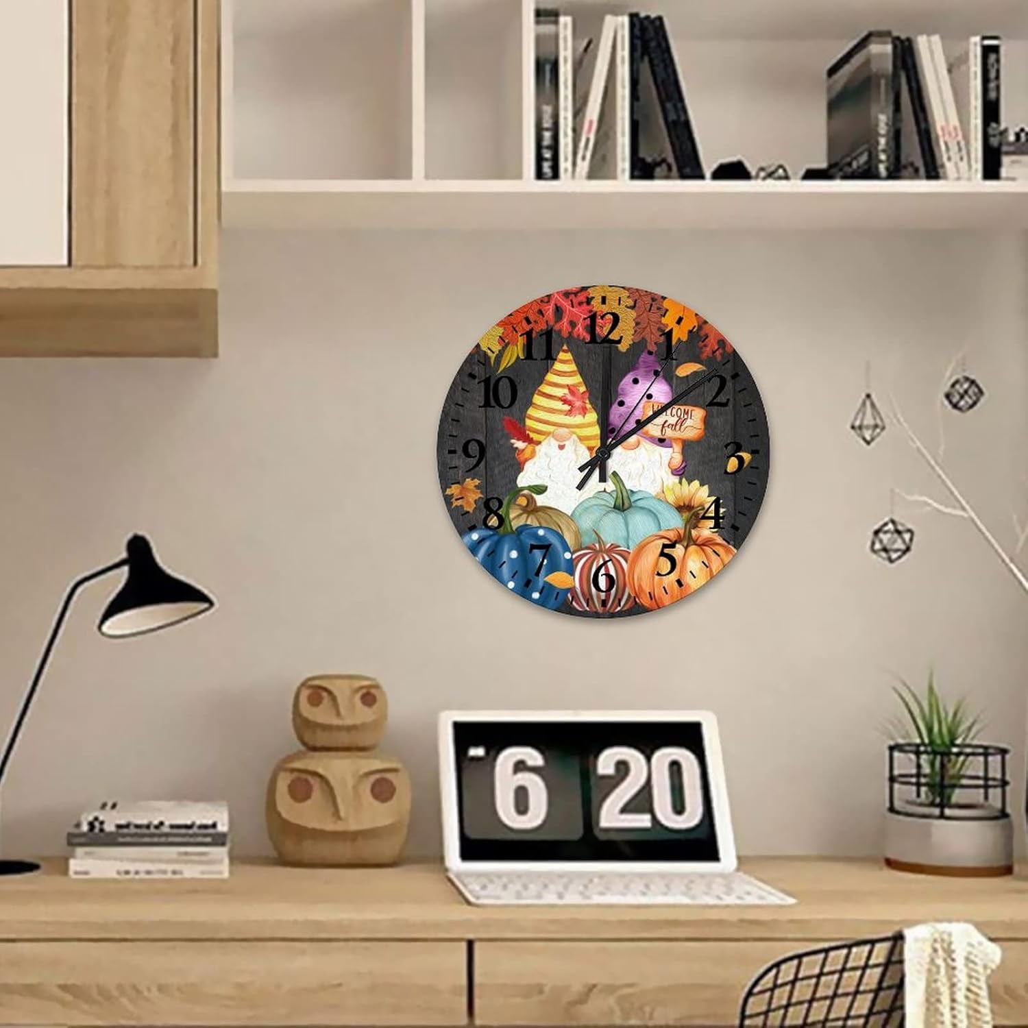 Welcome Fall Gnome Pumpkins Wall Clock 12 Inch, Sunflower Maple Leaves Wall Clock Wood Quality Quartz Non Ticking Round Arabic Numbers Clock for Living Room Bedroom Kitchen Farmhouse Decor