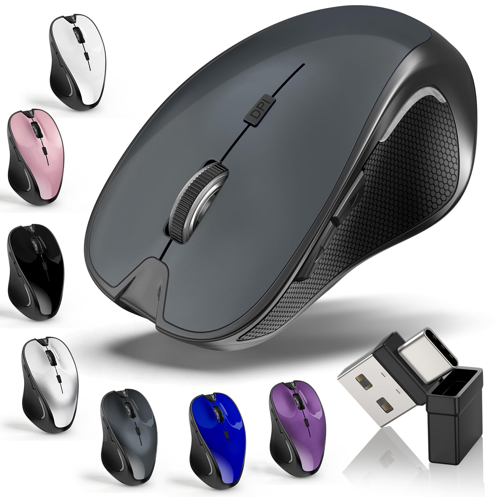 Mouse for MacBook Bluetooth Wireless Laptop Mac Air Pro Mice with Jiggler | Wireless Rechargeable PC Pad Optical Silent Mouse Dual Mode Switch Bluetooth 5.2/3.0 and 2.4GHz USB Type-C Receiver GRAY