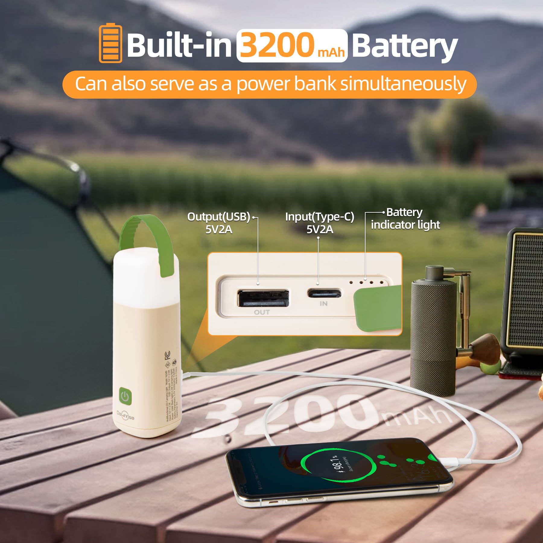 Dawnrise Lanterna da campeggio a LED da 350 lm, fino a 350 ore, luce da tenda da campeggio, 3200 mAh, 4 modalità di luce con luce rossa, luce di emergenza portatile per interruzioni di corrente,