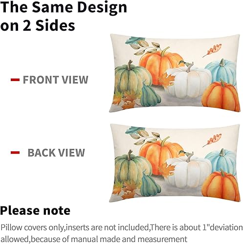 Miniatura 4 de Juego de 2 fundas de almohada lumbares de hojas de arce otoñales de 12 x 20 pulgadas, color verde azulado, naranja, blanco, verde, calabazas,