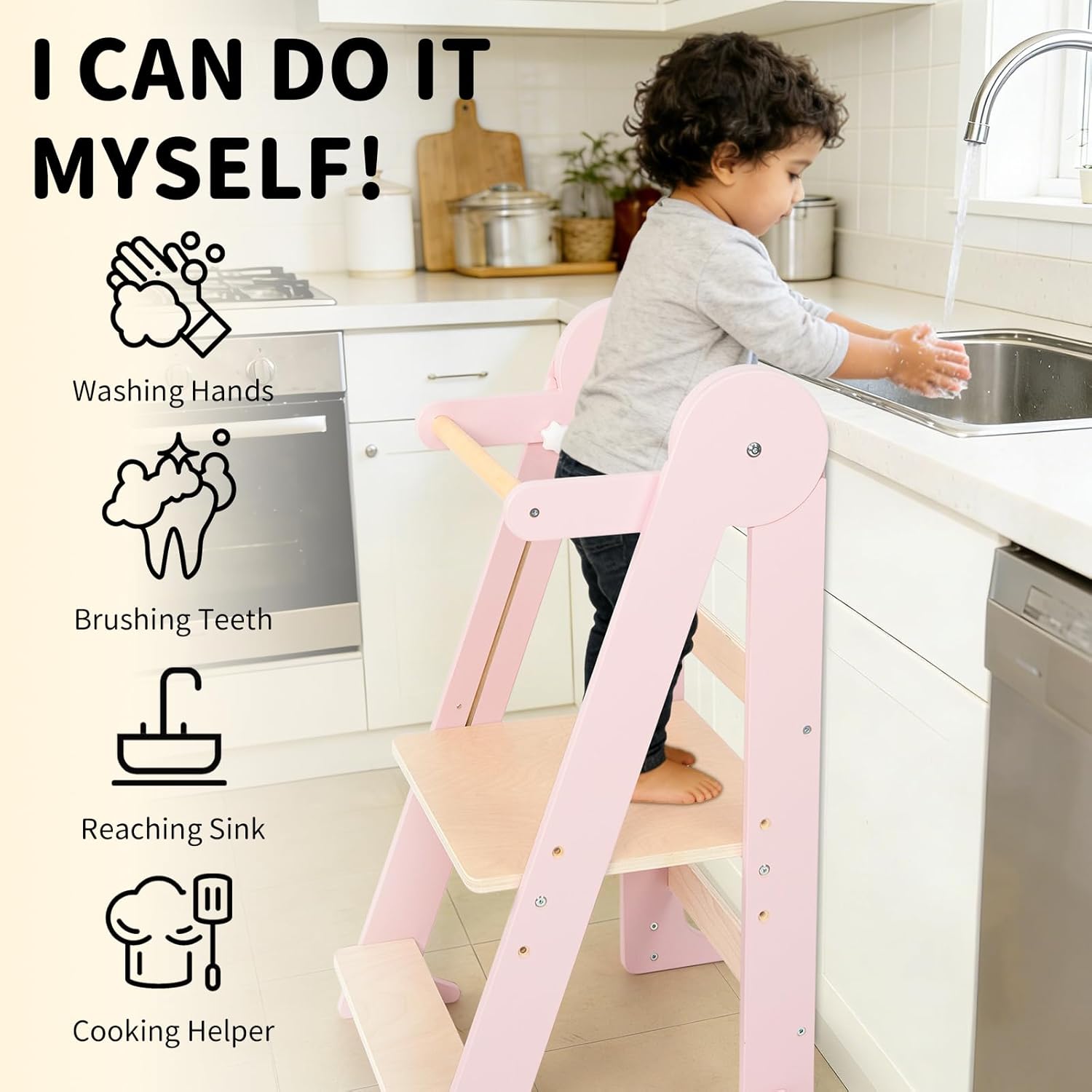 Foldable Toddler Learning Standing Tower, Kitchen Tower for Kid with 3 Adjustable Heights, Montessori Toddler Standing Tower for Kitchen Counter and Bathroom Sink (Pink)