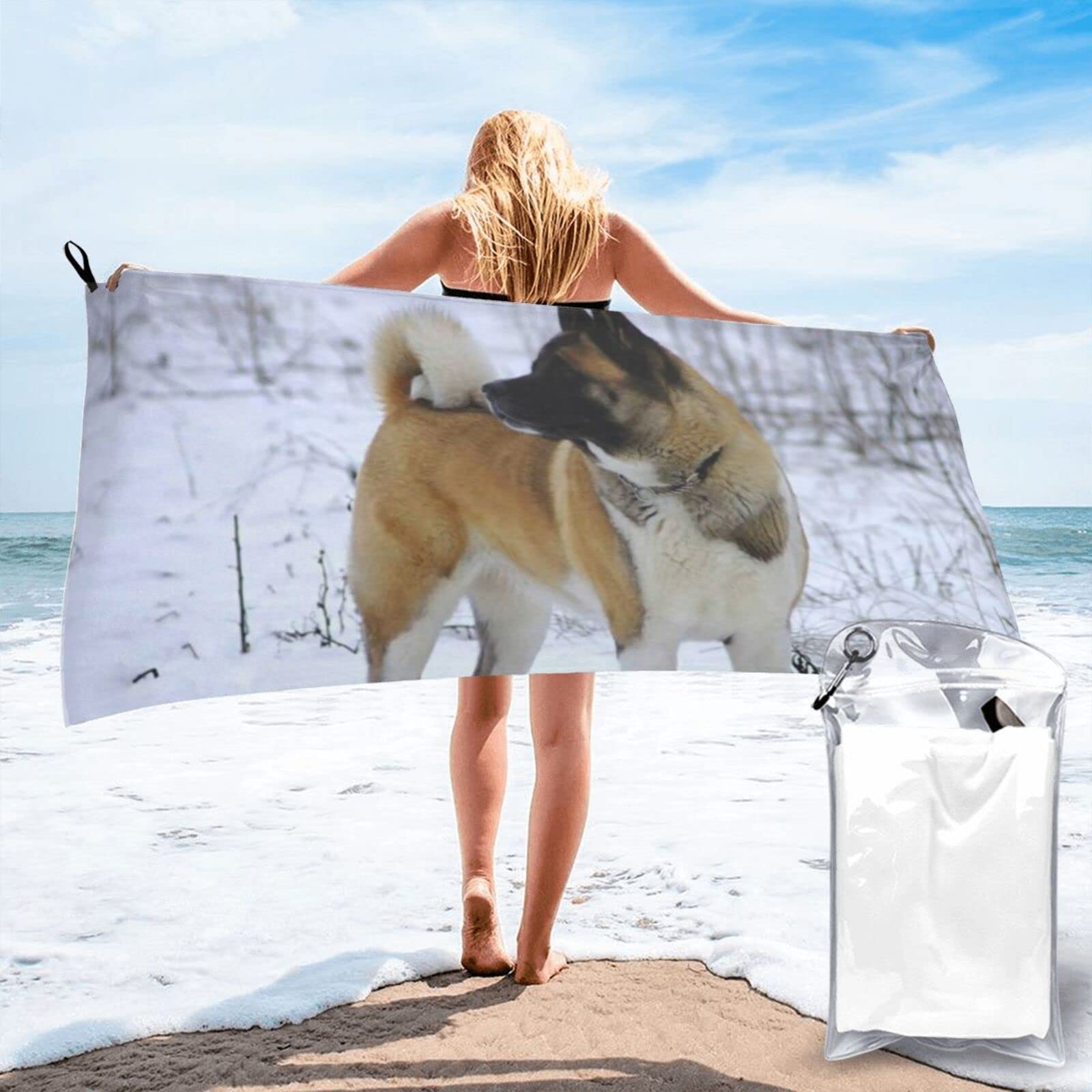 Lawenp Akita Dog in The Snow Microfiber Beach Towel Adults Large Quick Drying Bath Towel Travel Towels with Pouch 31.5"x63"