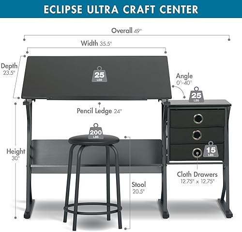 Miniatura 3 de SD Studio Designs Eclipse Ultra - Mesa de dibujo con taburete, parte superior ajustable en ángulo, estantes de almacenamiento y cajones de 2 piezas