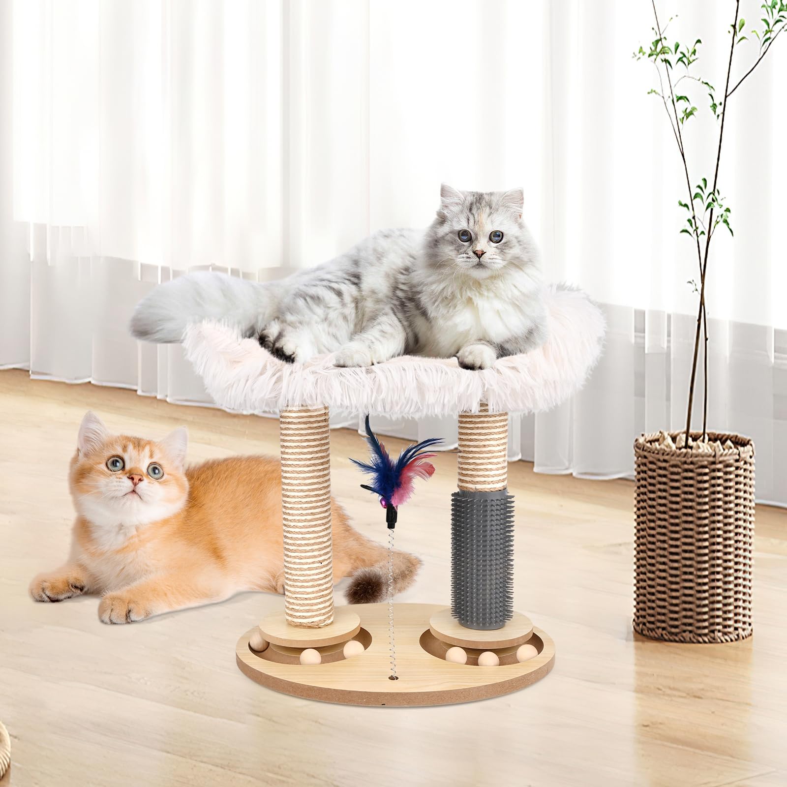 Holzkugel-Katzenkarussell, Banaone 4 in 1 Interaktives Katzenspielzeug, Katzenspielzeug Selbstbeschäftigung mit Frühling Cat Scratching Post für Katzen in Innenräumen