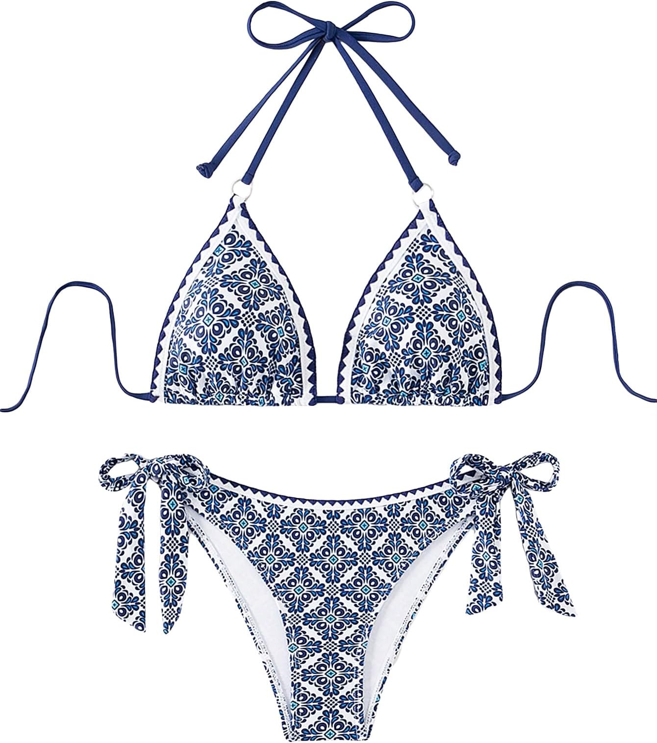 RoseSeekWomen's Boho Halter High Waisted Bikini Sets Backless Tie Side Triangle Bathing Suit Swimsuit 2 Piece Set
