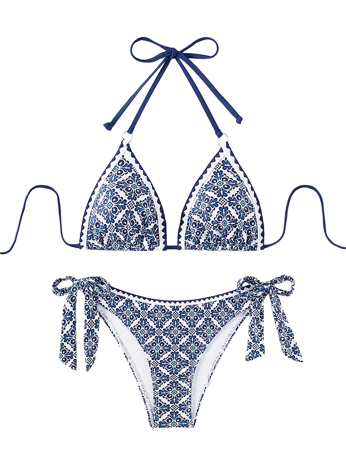 RoseSeekWomen's Boho Halter High Waisted Bikini Sets Backless Tie Side Triangle Bathing Suit Swimsuit 2 Piece Set