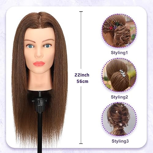 Miniatura 4 de Firstwon - Cabeza de maniquí de 20-22 pulgadas con 100% cabello humano real, muñeca para cosmetología y peluquería, para práctica de peinado