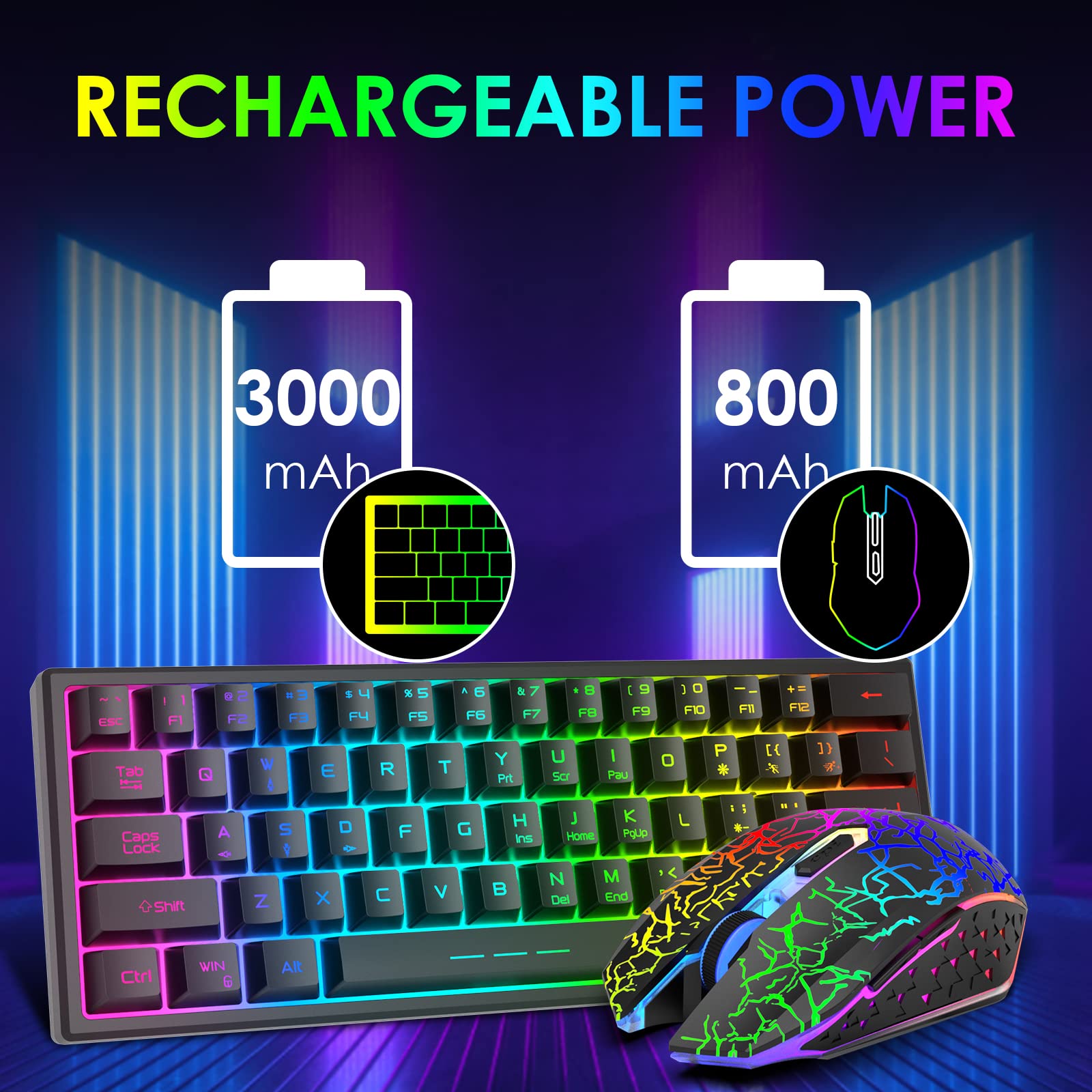 60% Kabellos Gaming Tastatur und Maus Combo Set 2,4 GHz Wiederaufladbare 3800 mAh Leise 61 Tasten Kompakttastatur mit Rainbow LED Hintergrundbeleuchtung + 2400 DPI 6 Tasten Rainbow LED Maus(Schwarz)