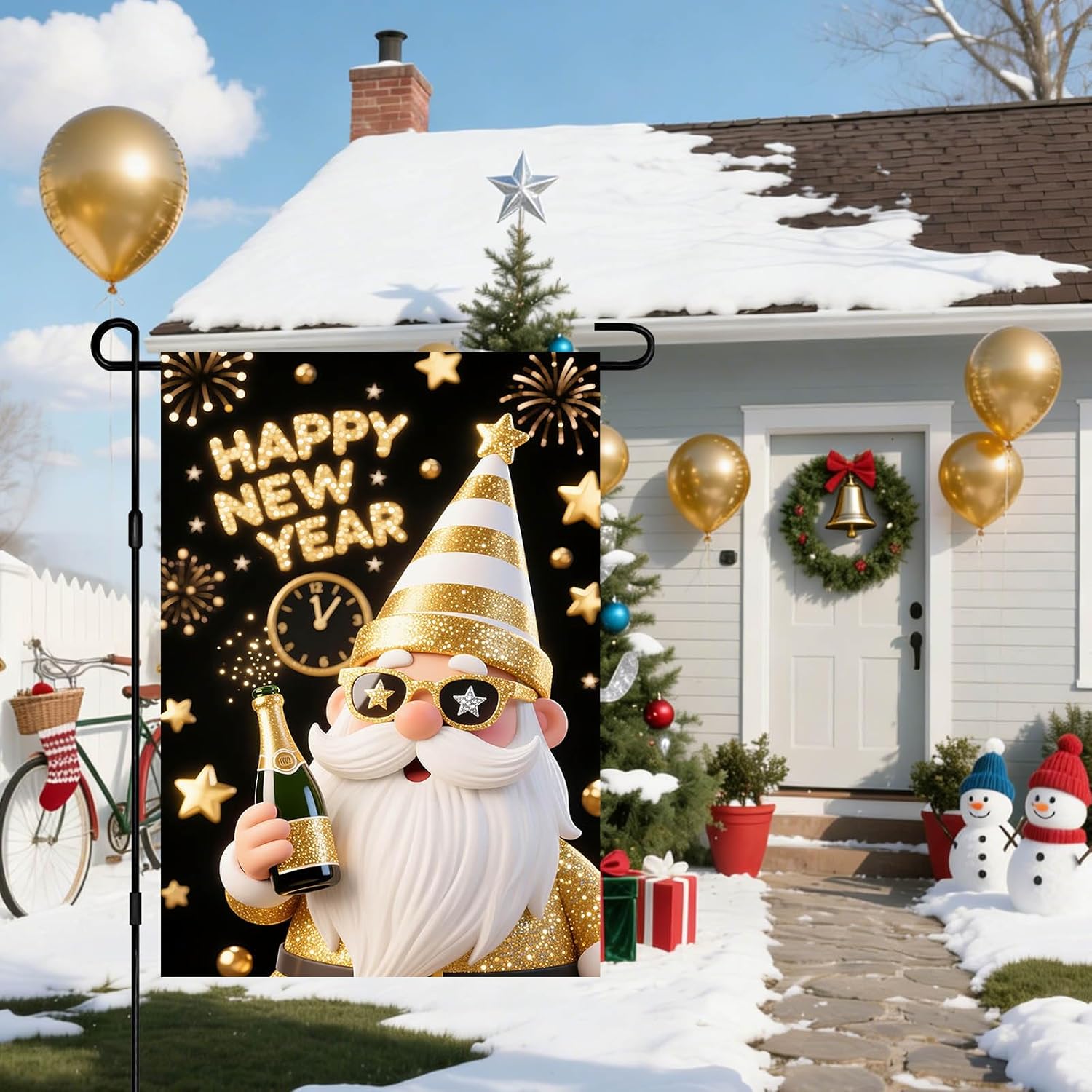 IVN New Year Eve Garden Flag 12x18 Inch Double Sided Happy New Year Gnome Flag 2026 Gold Black Champagne Clock Gift Box Winter Outdoor Yard Flag for Outside Home Front Door Lawn Porch Patio Welcome Decor - Image 6