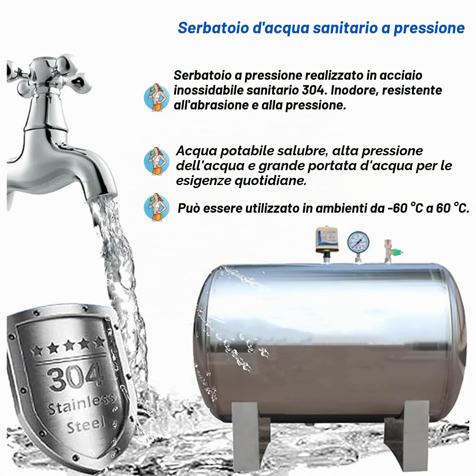Serbatoio a Pressione per l'acqua 100 200 250 300 L Serbatoio A Pressione dell'Acqua, Serbatoio A Pressione Orizzontale dell'Acciaio Inossidabile(100 Liter)