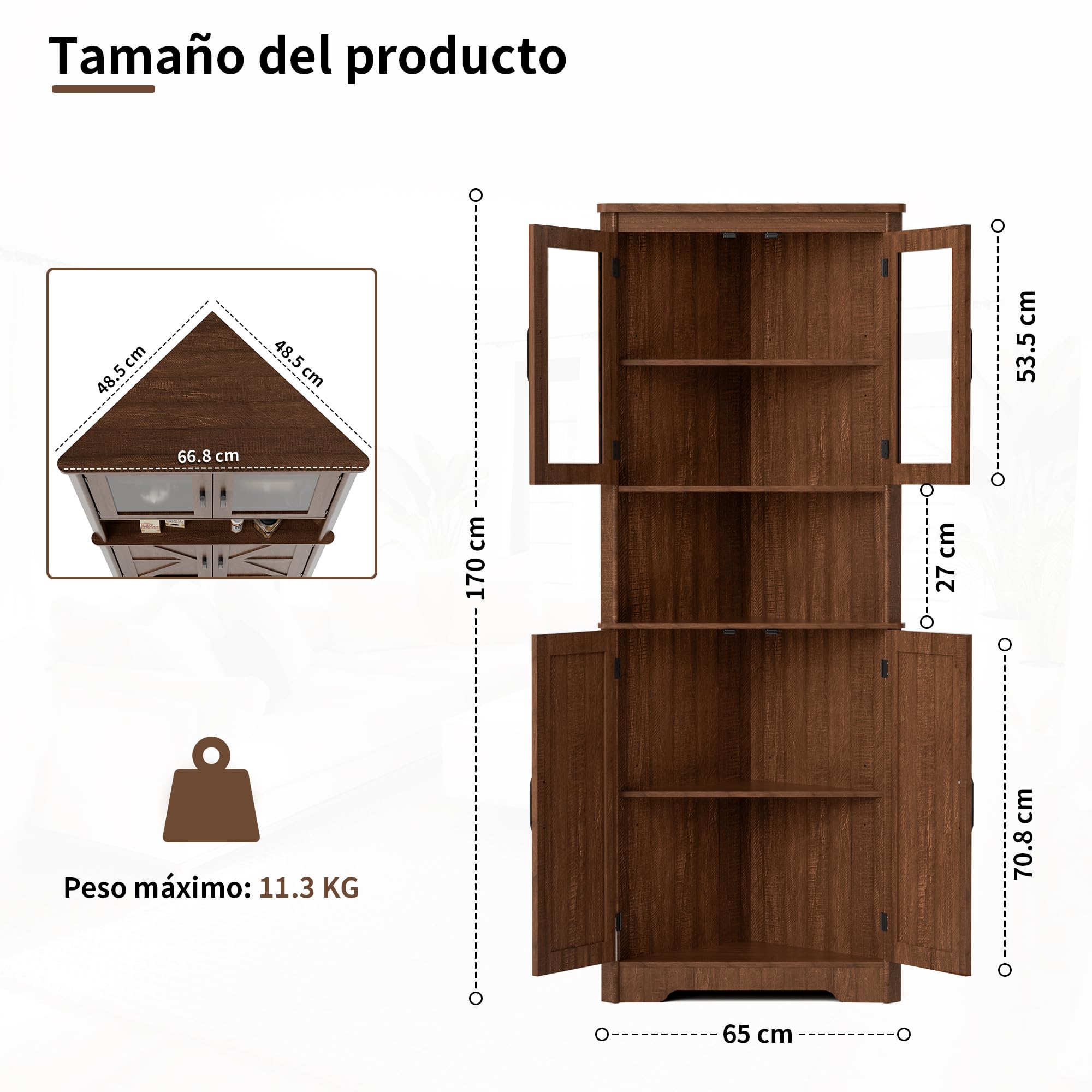 BonVache Armario de esquina alto y estrecho para el baño con 2 puertas y 5 estantes, armario de almacenamiento para cocina, dormitorio, sala de estar, estante de esquina de 170 cm, marrón