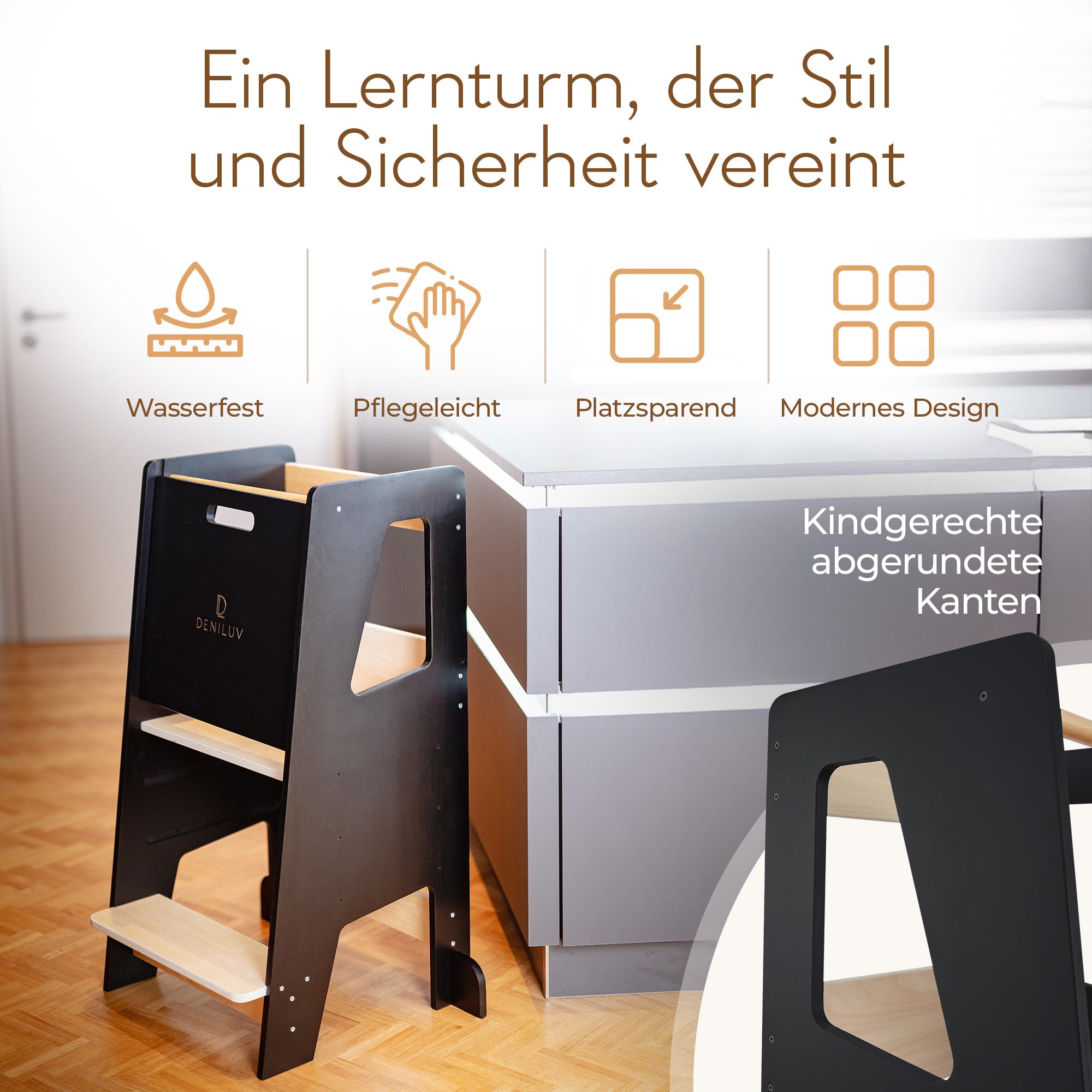 Kinder Lernturm Höhenverstellbar Ab 1 Jahr Mit Abnehmbarer Front Tritthocker für Küche Bad Leiterstuhl Weiß Schwarz Grau Jetzt Farbe Wählen