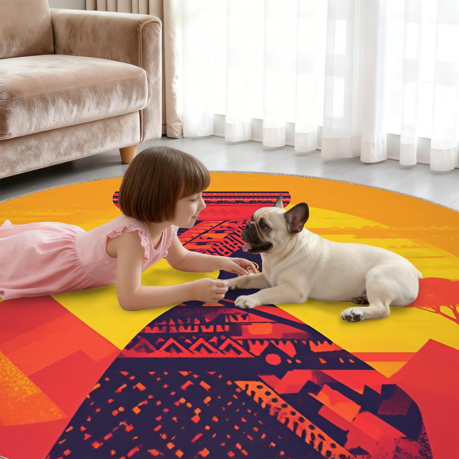 Générique Grand Tapis Rond Lavable à thème Africain pour Salon, Chambre à Coucher, Table à Manger, décoration d'intérieur - 160 cm