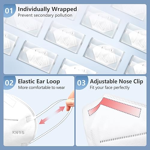 Miniatura 4 de HALIDODO Paquete de 100 mascarillas KN95 envueltas individualmente, 5 capas, transpirable y cómodo, filtro de seguridad con cinta elástica para las