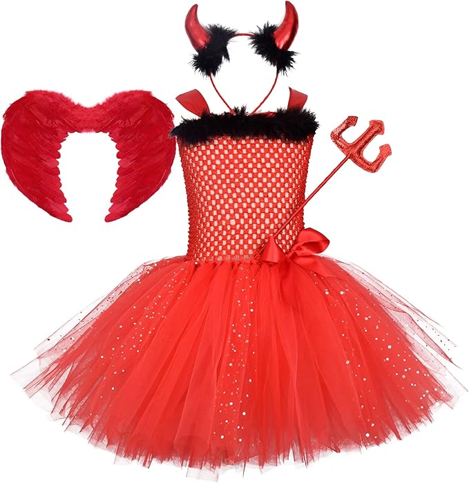 Imekis Kinder Madchen Maleficent Kostum Prinzessin Teufel Bose Konigin Verkleiden Gestricktes Tullkleid Mit Horner Und Flugeln Bosartige Hexekleid Halloween Geburtstag Party Outfit Amazon De Spielzeug