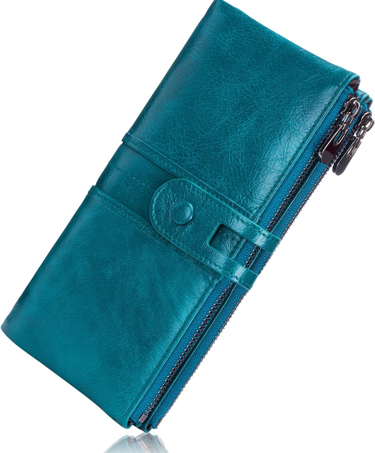 Roulens Wallet for Women Large Capacity Genuine Leather Bifold RFID Blocking Card Holder Clutch Wallet with Zipper Pocket