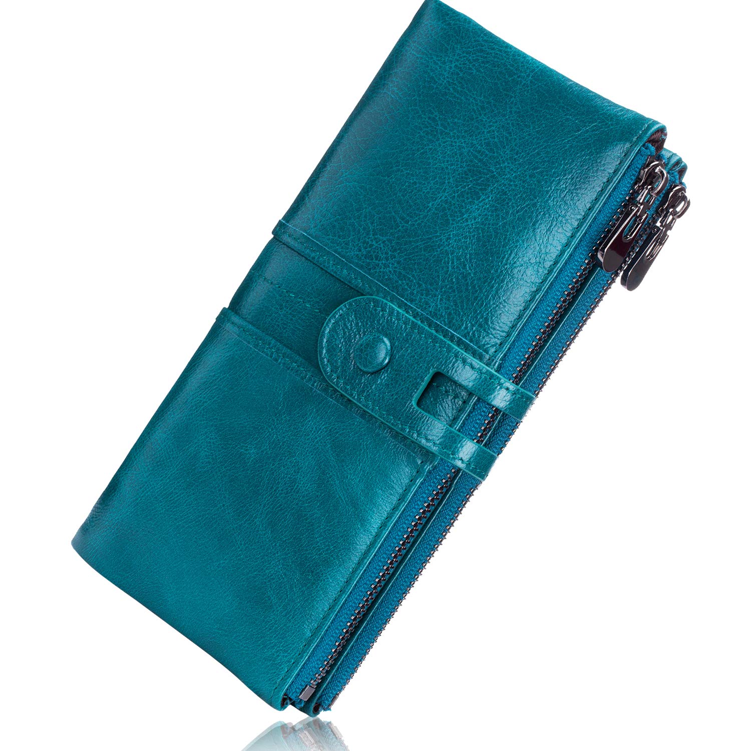 Roulens Wallet for Women Large Capacity Genuine Leather Bifold RFID Blocking Card Holder Clutch Wallet with Zipper Pocket