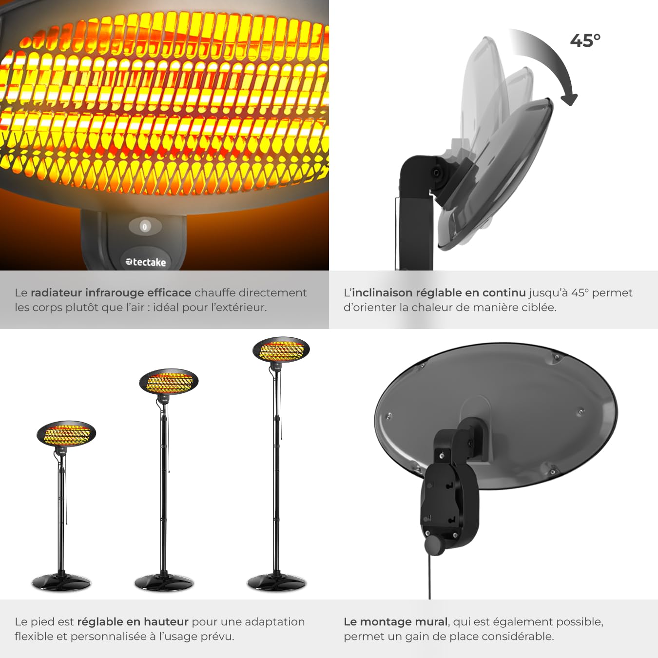 tectake® Chauffage Electrique Infrarouge Silencieux Chauffage exterieur terrasse réglable économique 650W, 1300W & 2000W Chauffages d'appoint pour Jardin, Balcon, Chambre, Salon, Table à langer