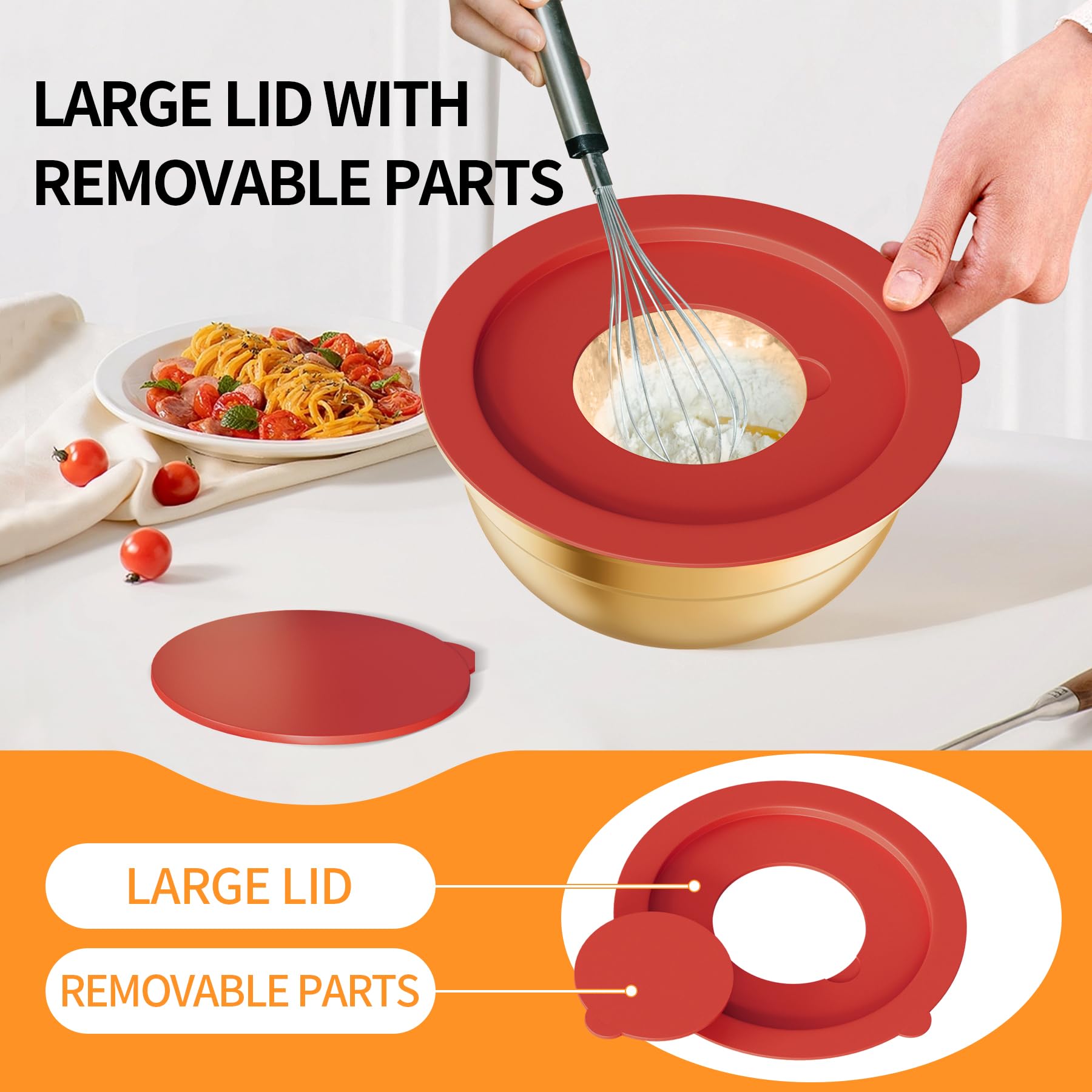 Set di 7 ciotole con coperchio, ciotole dorate per mescolare, in acciaio inox, per cucina, set da 7 ciotole con grattugia da 3 pezzi, dimensioni 7, 3,6, 2,7, 2,1, 1,5, 1,1, 0,8 Qt